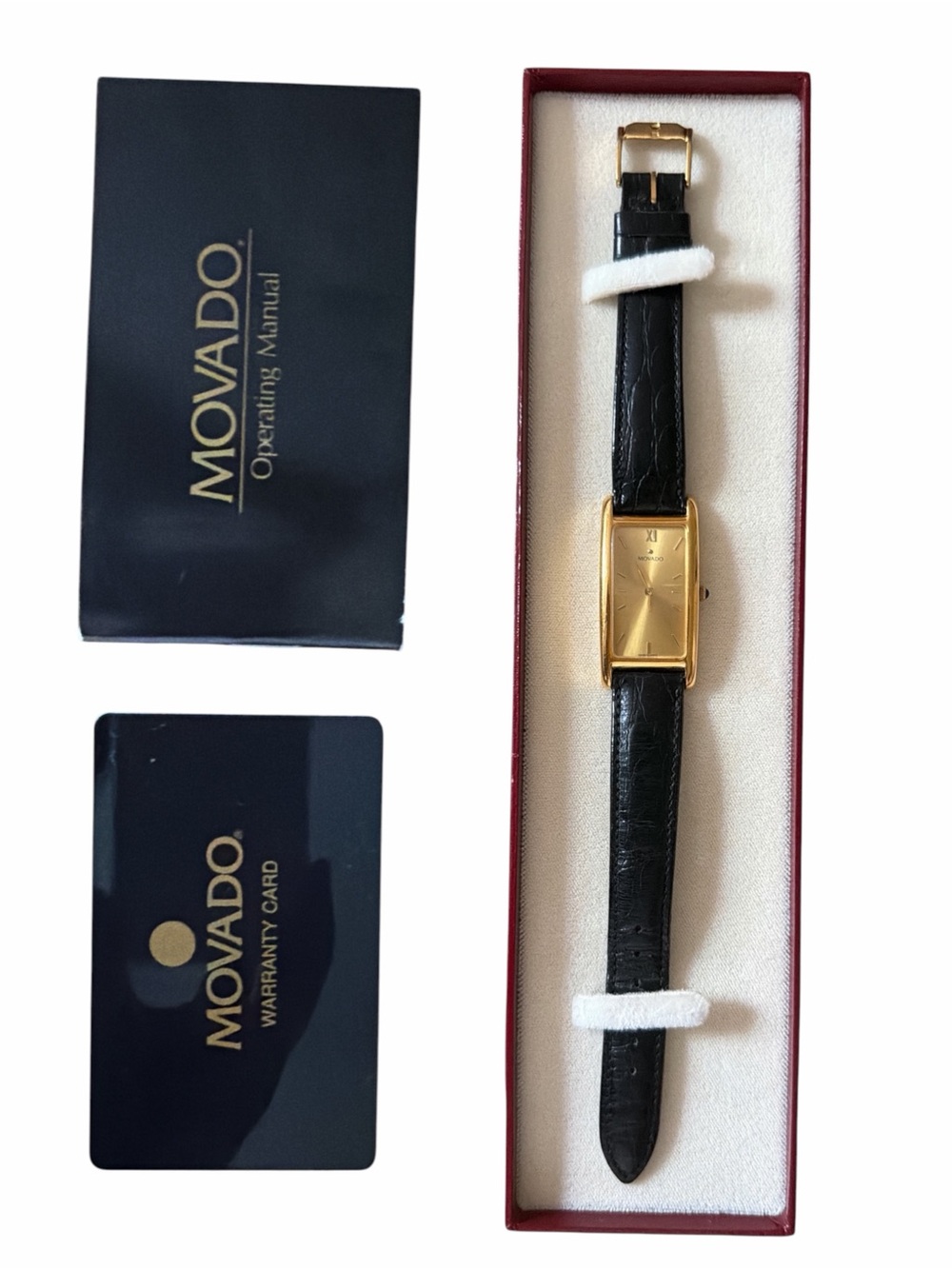 Vintage Movado 18k Gold Plated Tank Watch Black Leather Strap Sapphire Crown - Picture 3 of 16